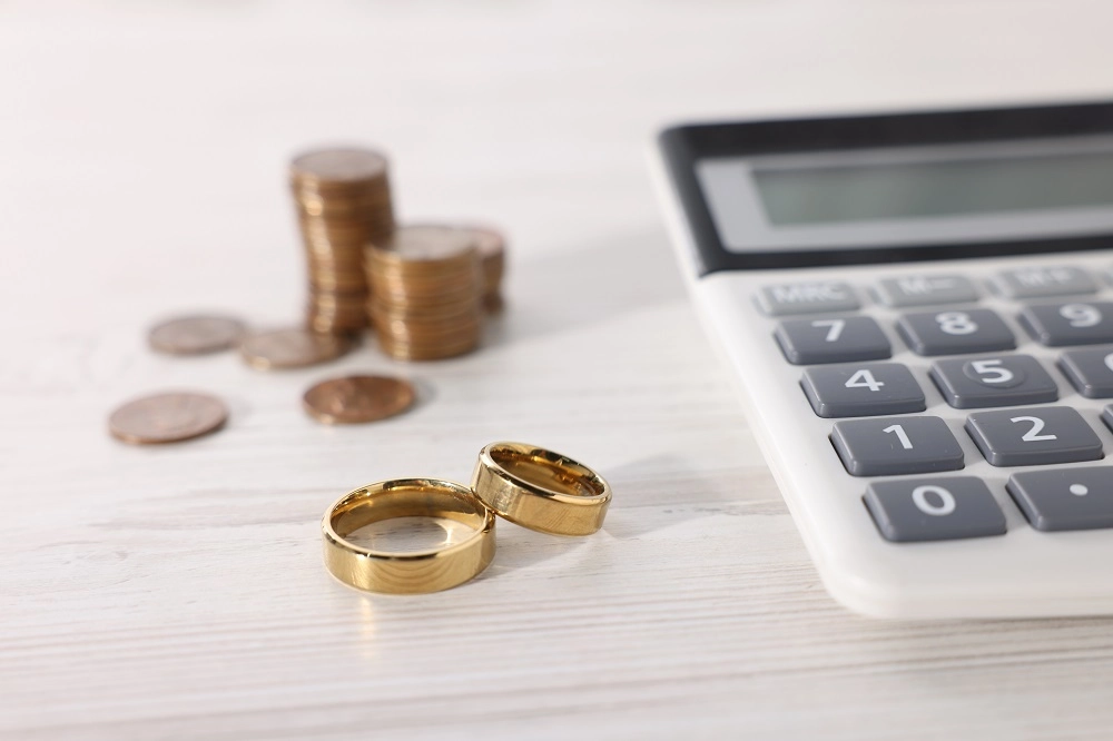 Two wedding rings, stacked coins and a calculator