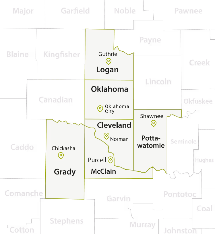 Map of the Oklahoma counties the firm serves: Logan, Oklahoma, Cleveland, Pottawatomie, Grady and McClain